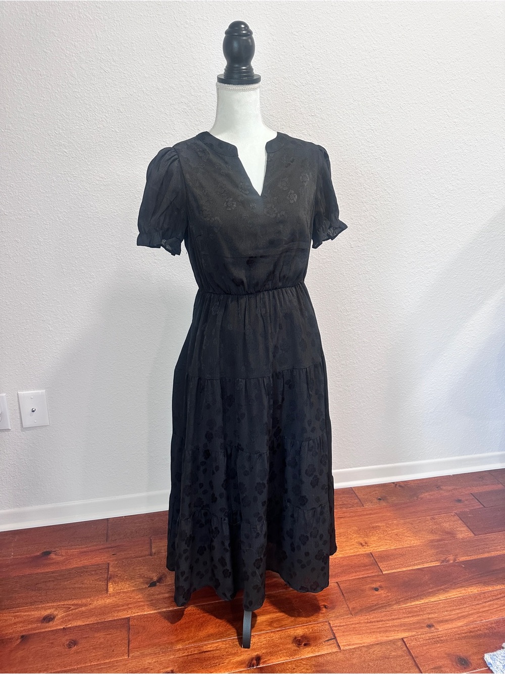 ZESICA Black Floral Jacquard Puff Sleeve Tiered Maxi Dress S
